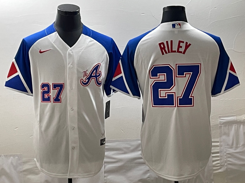 Men's Atlanta Braves #27 Austin Riley White 2023 City Connect Cool Base With Patch Stitched Baseball Jersey